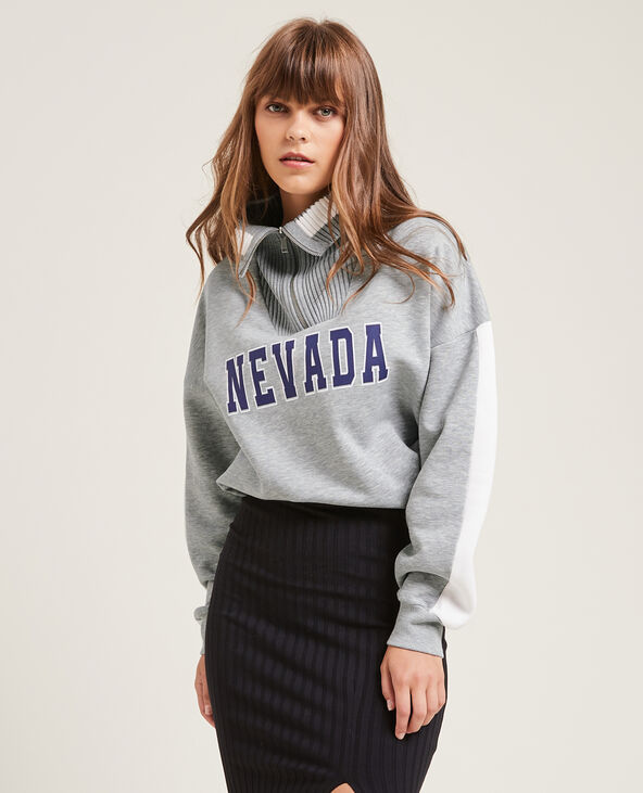 Sweat col zippé maille côtelée gris chiné - Pimkie