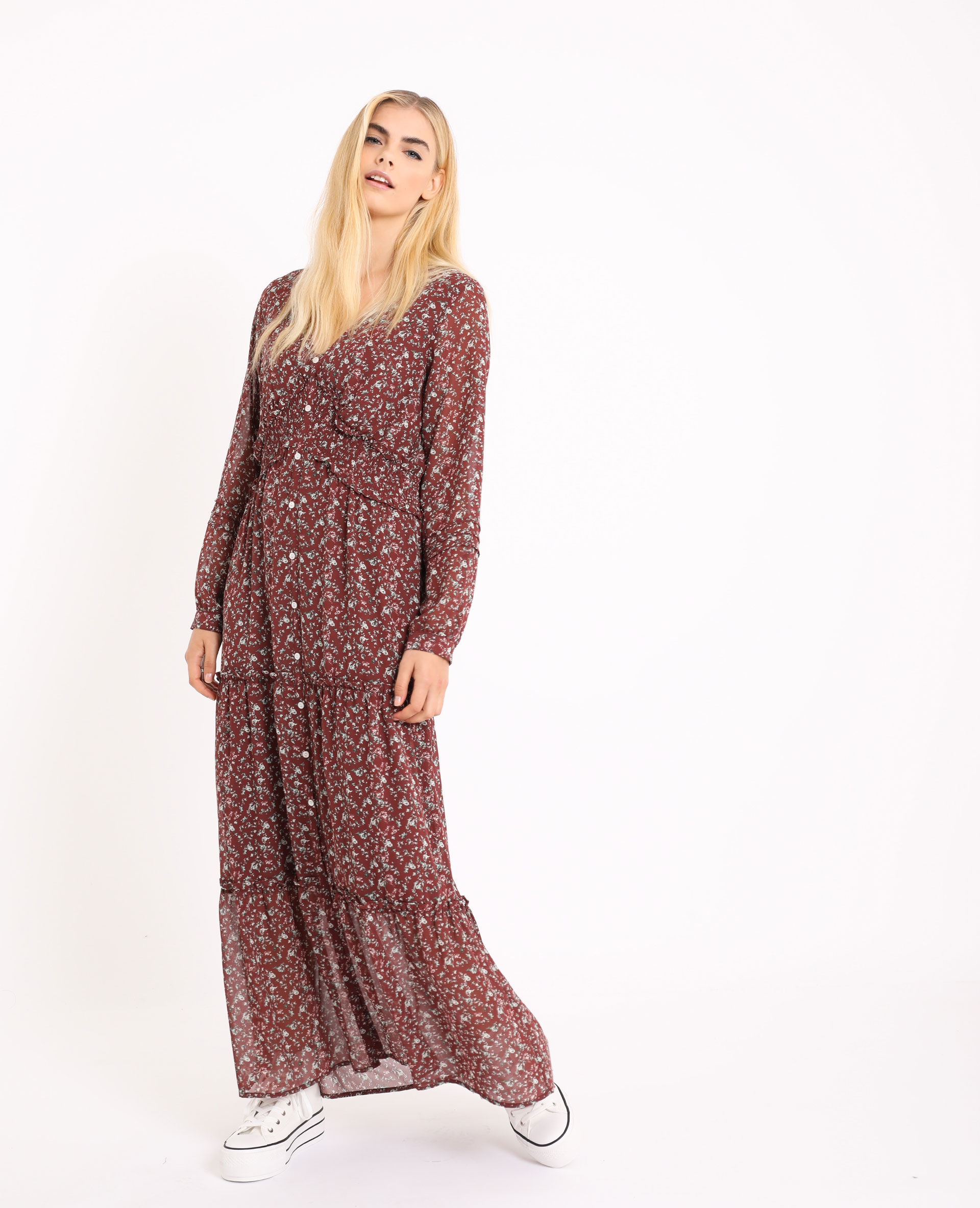 robe longue fleurie rouge