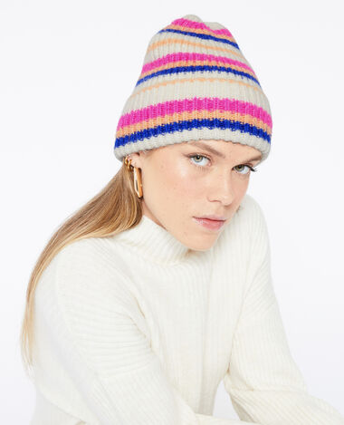 Bonnet rayé avec revers rose - Pimkie