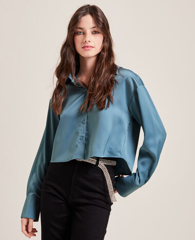 Chemise courte en tissu satiné bleu - Pimkie