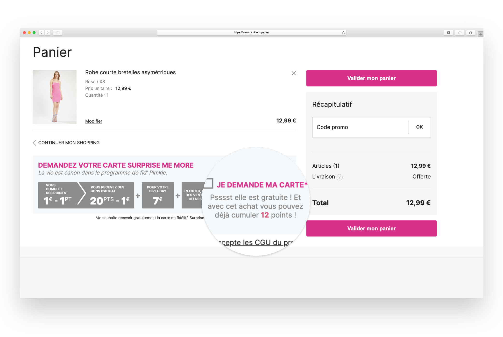exemple du panier Pimkie où retrouver l'encart souscription à Surprise Me More