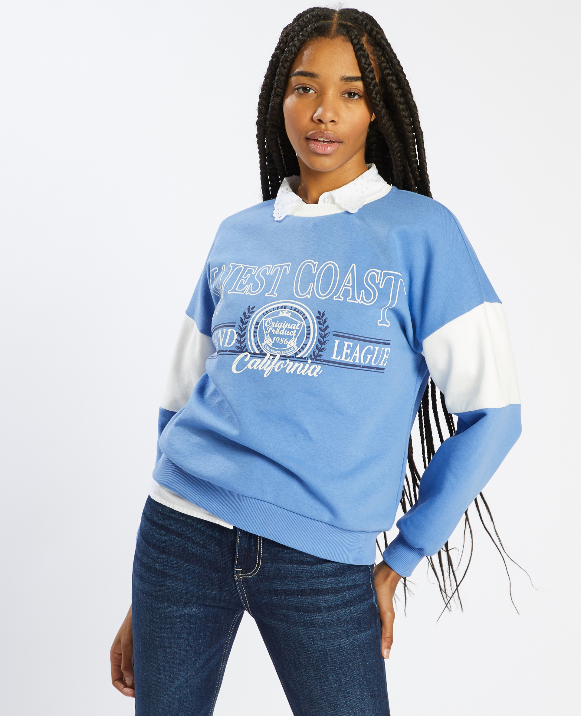 Sweat molleton col rond bleu - Pimkie