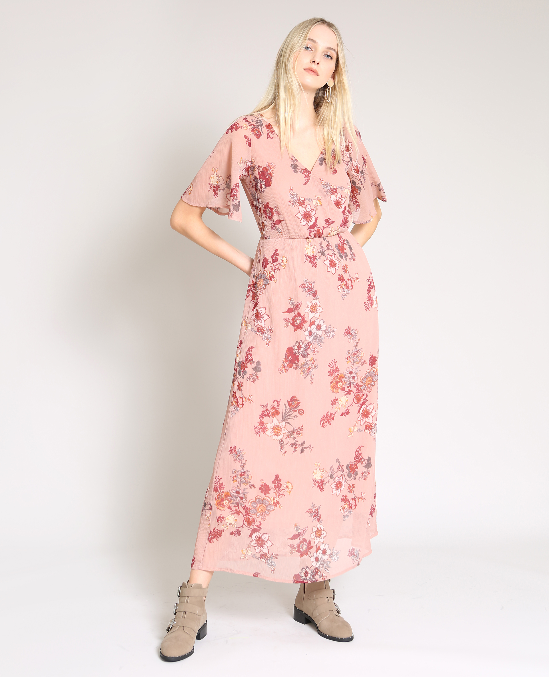 robe longue fleurie rose