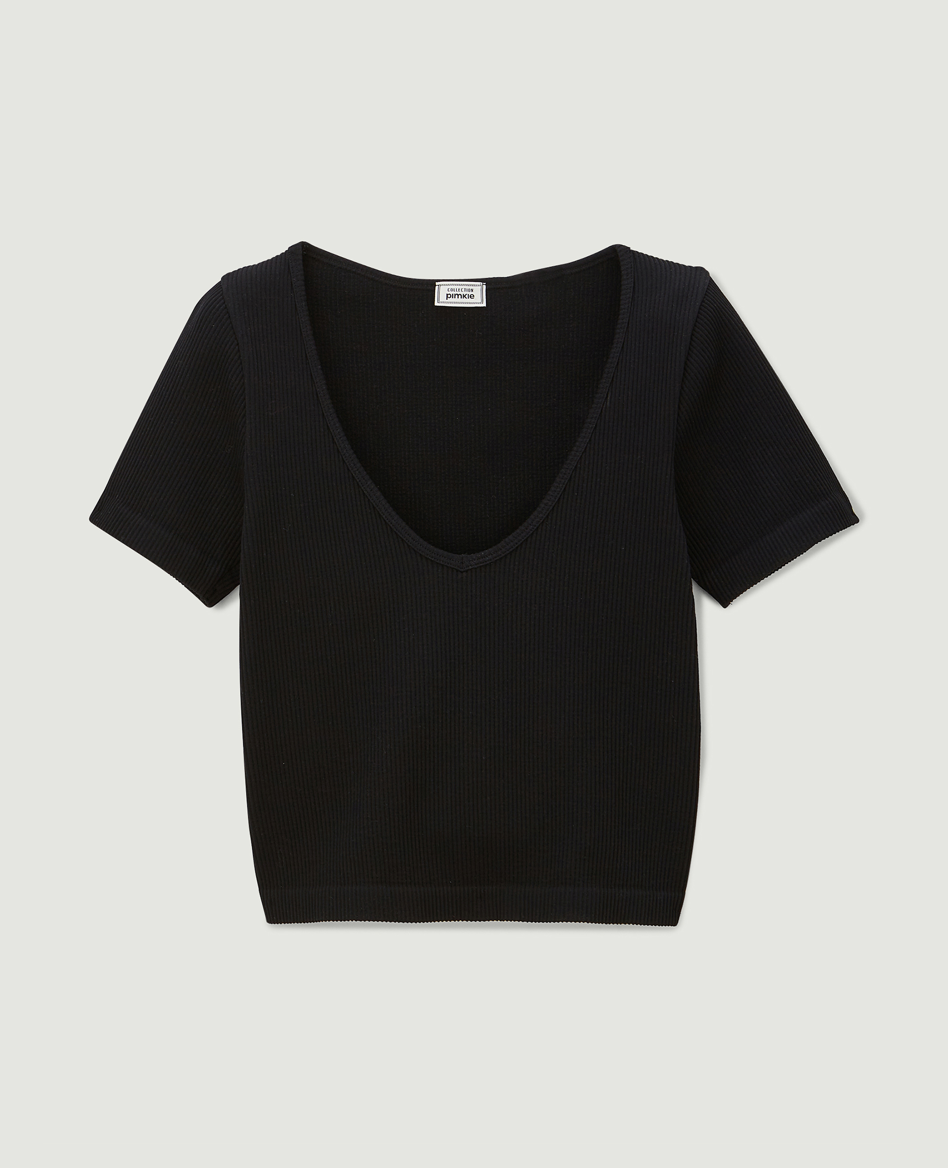 T-shirt cropped col V noir - Pimkie