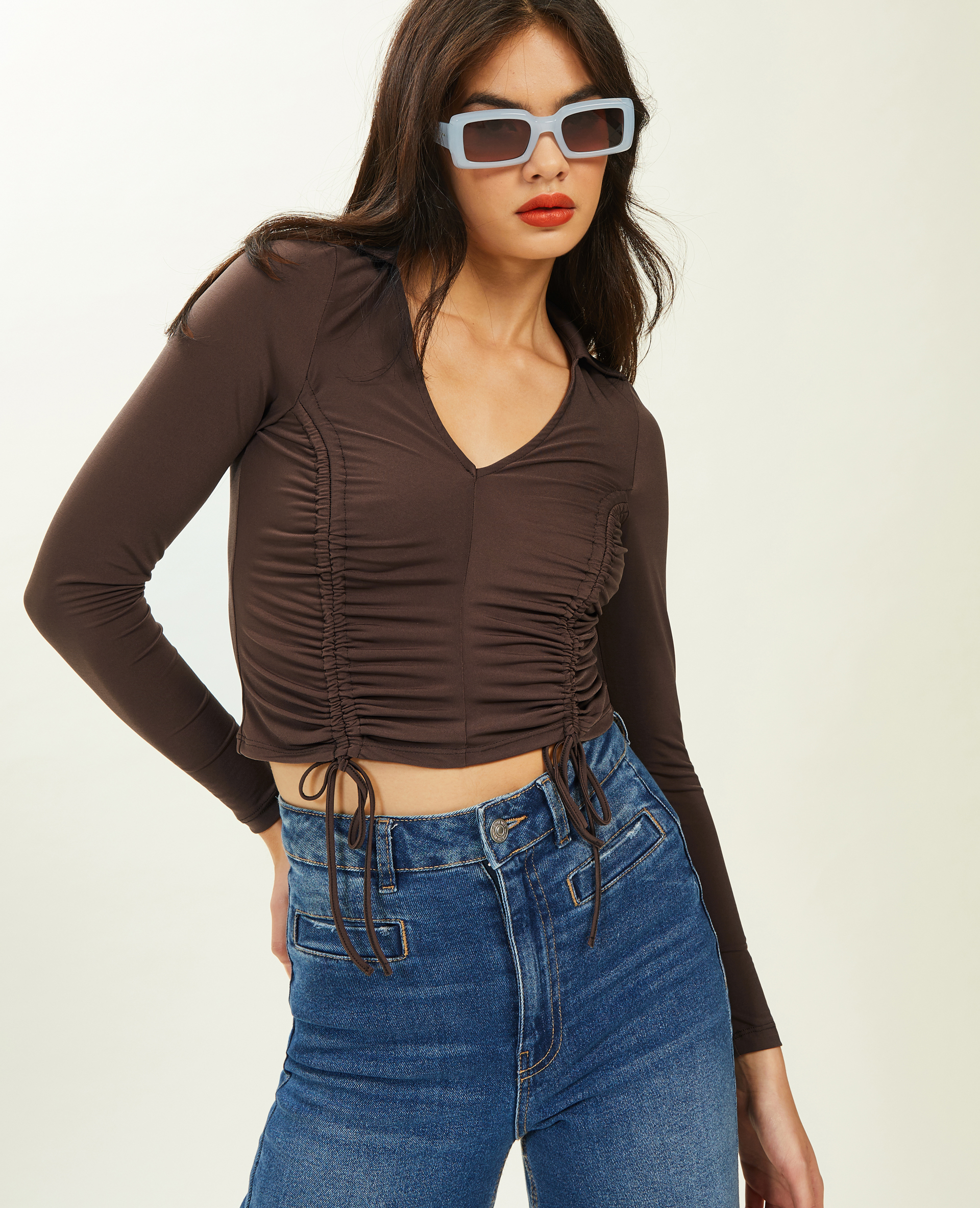 Top manches longues avec liens coulissants marron - Pimkie