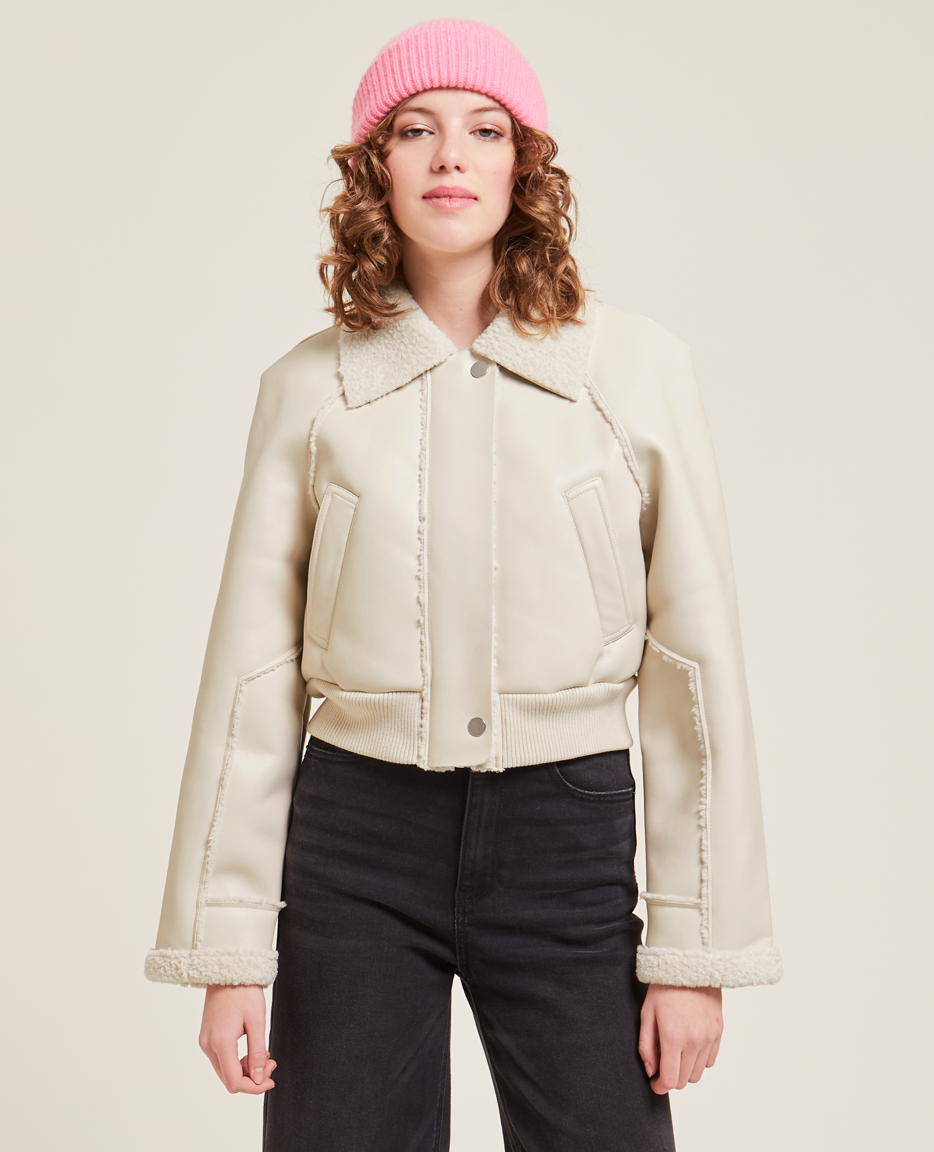 Blouson court simili cuir et sherpa écru - Pimkie