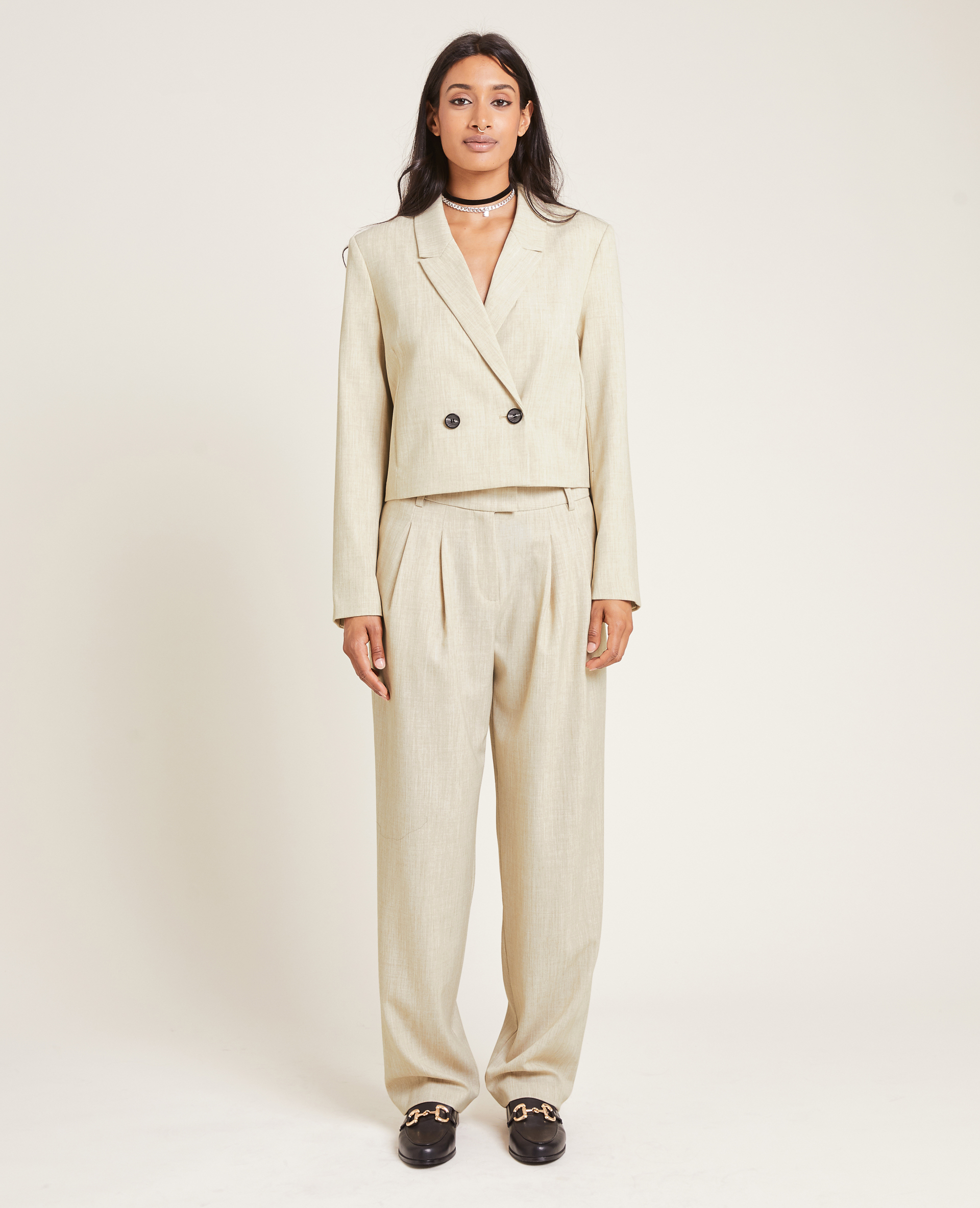Pantalon large et droit à pinces SMALL beige chiné - Pimkie