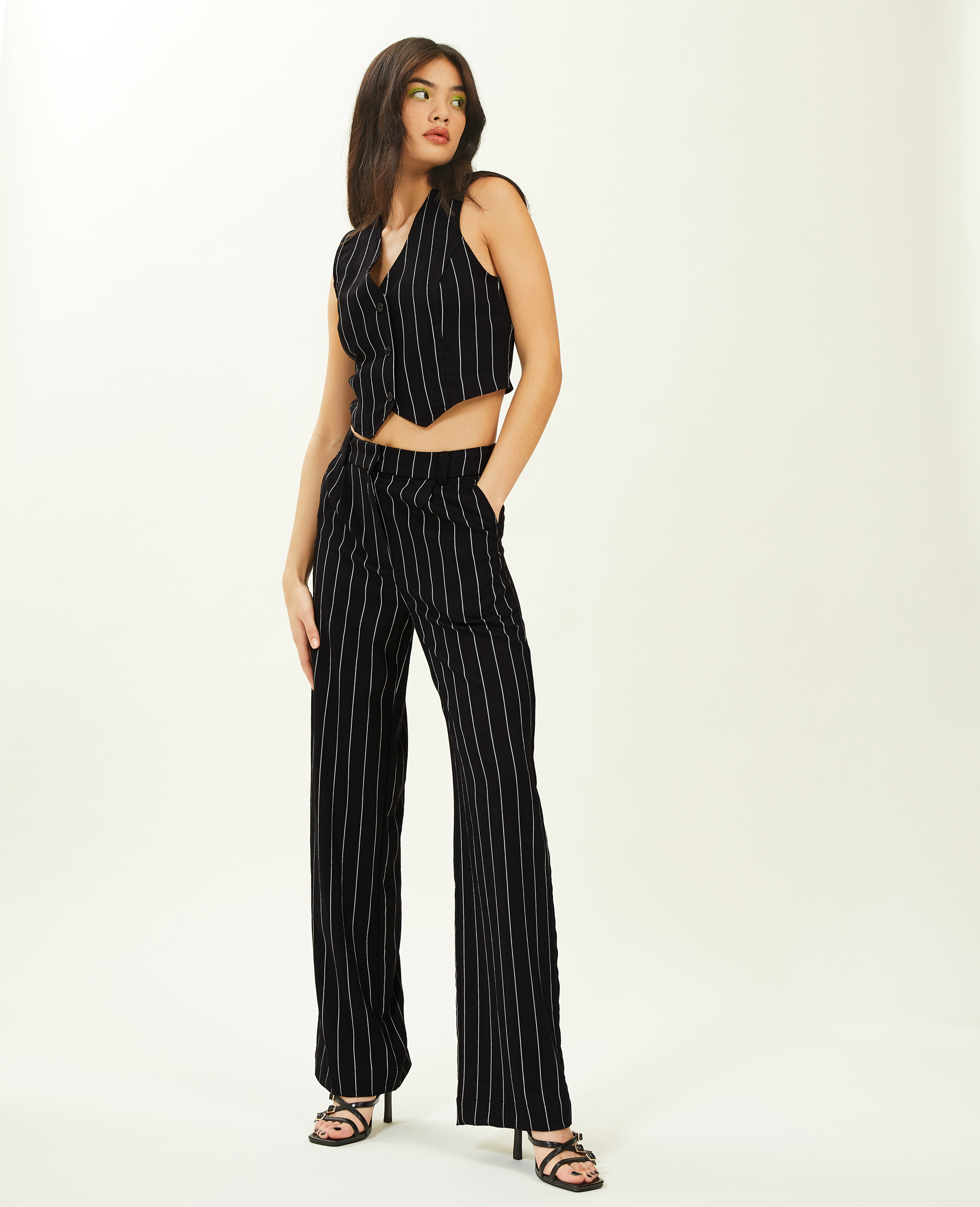 Pantalon droit et large effet lin noir - Pimkie