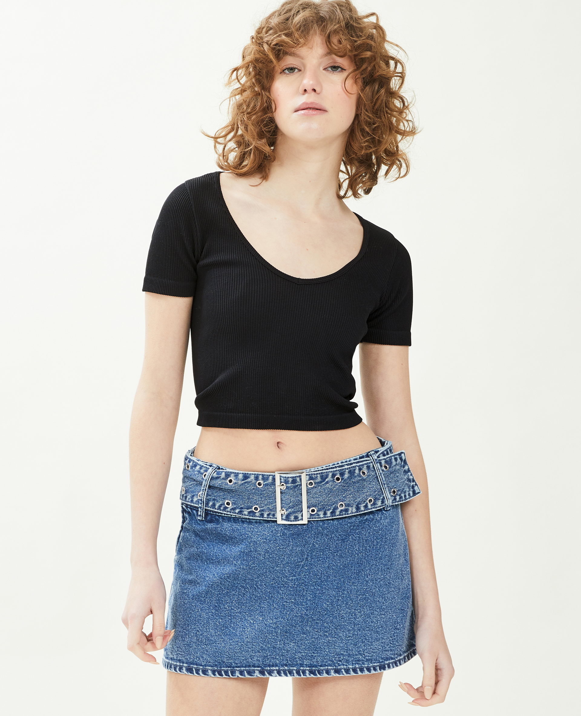 T-shirt cropped col V noir - Pimkie