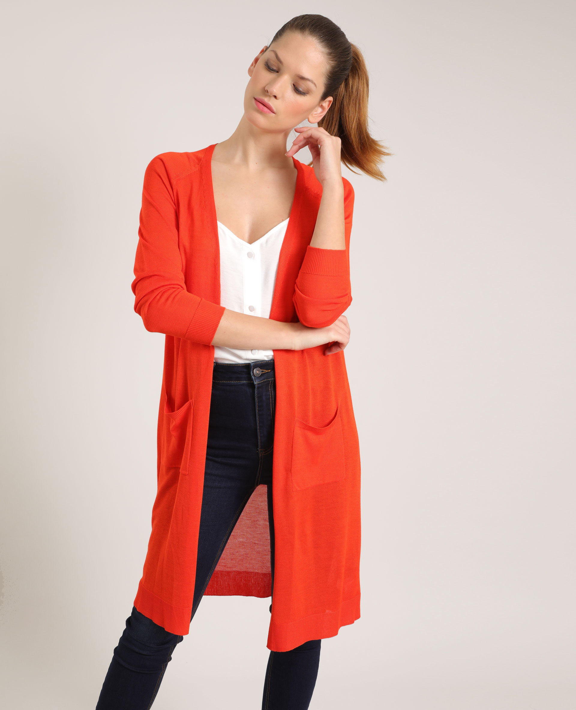 Gilet long orange store femme