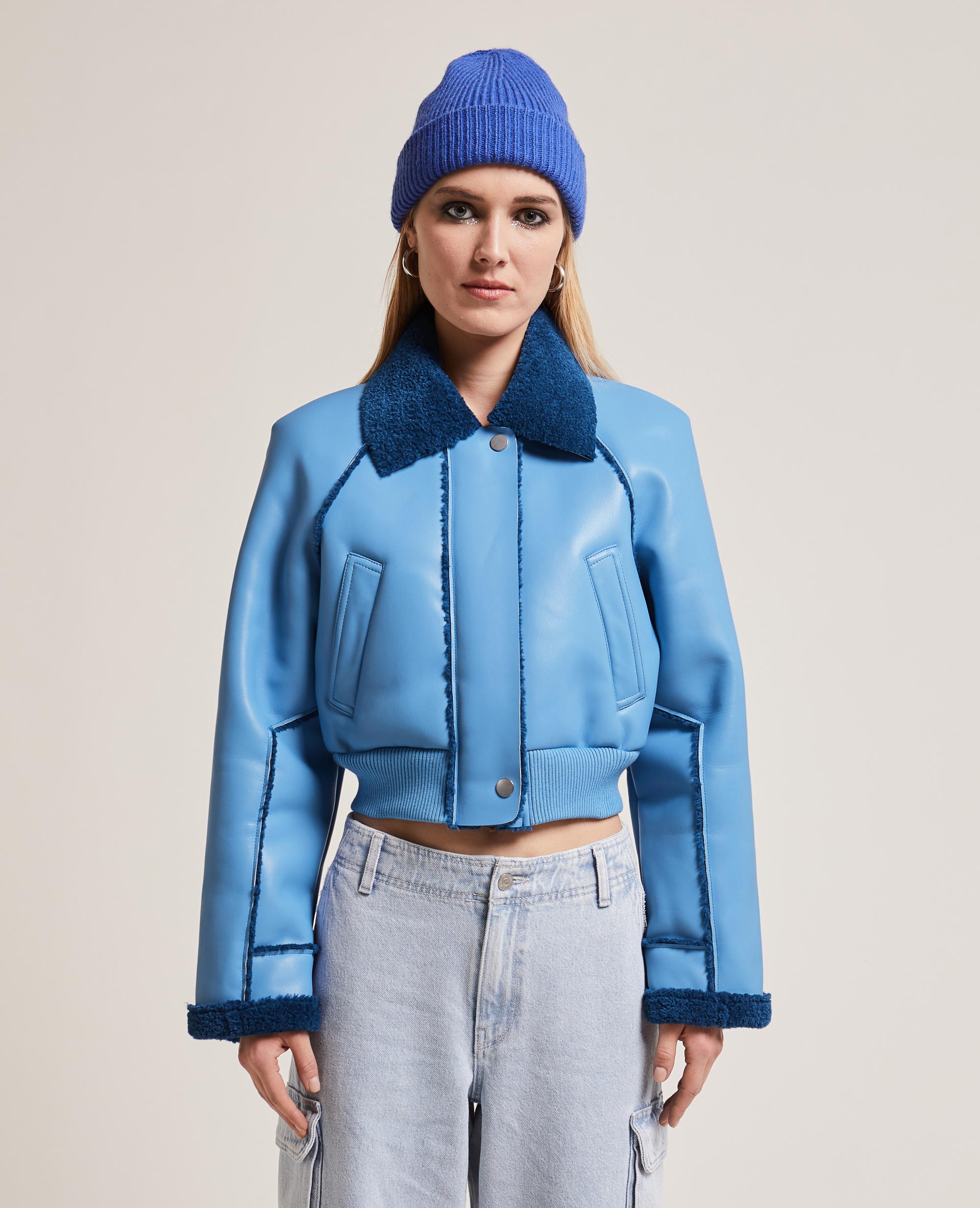 Blouson court simili cuir et sherpa bleu - Pimkie