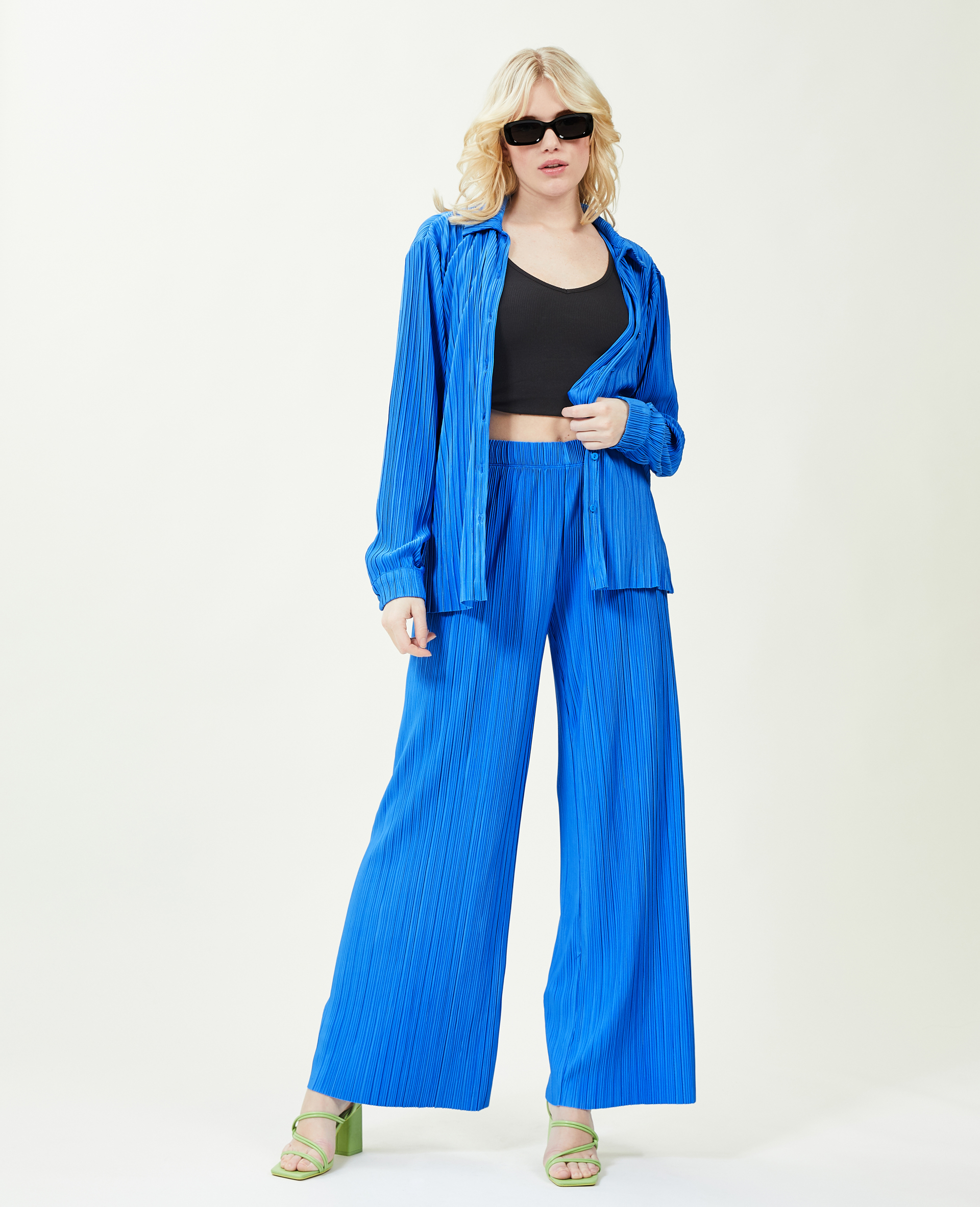 Pantalon large maille plissée bleu - Pimkie