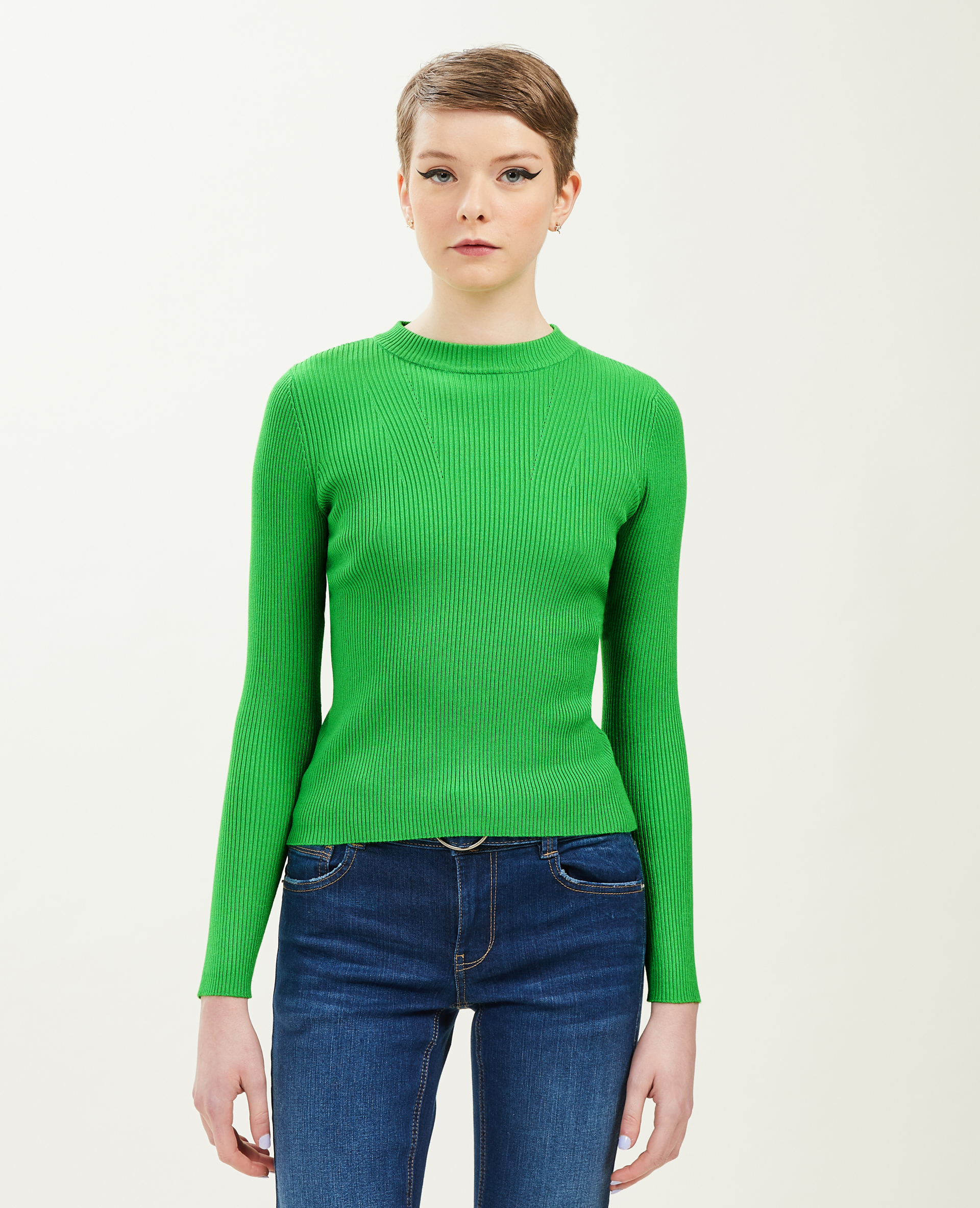 Pull col rond maille côtelée vert - Pimkie