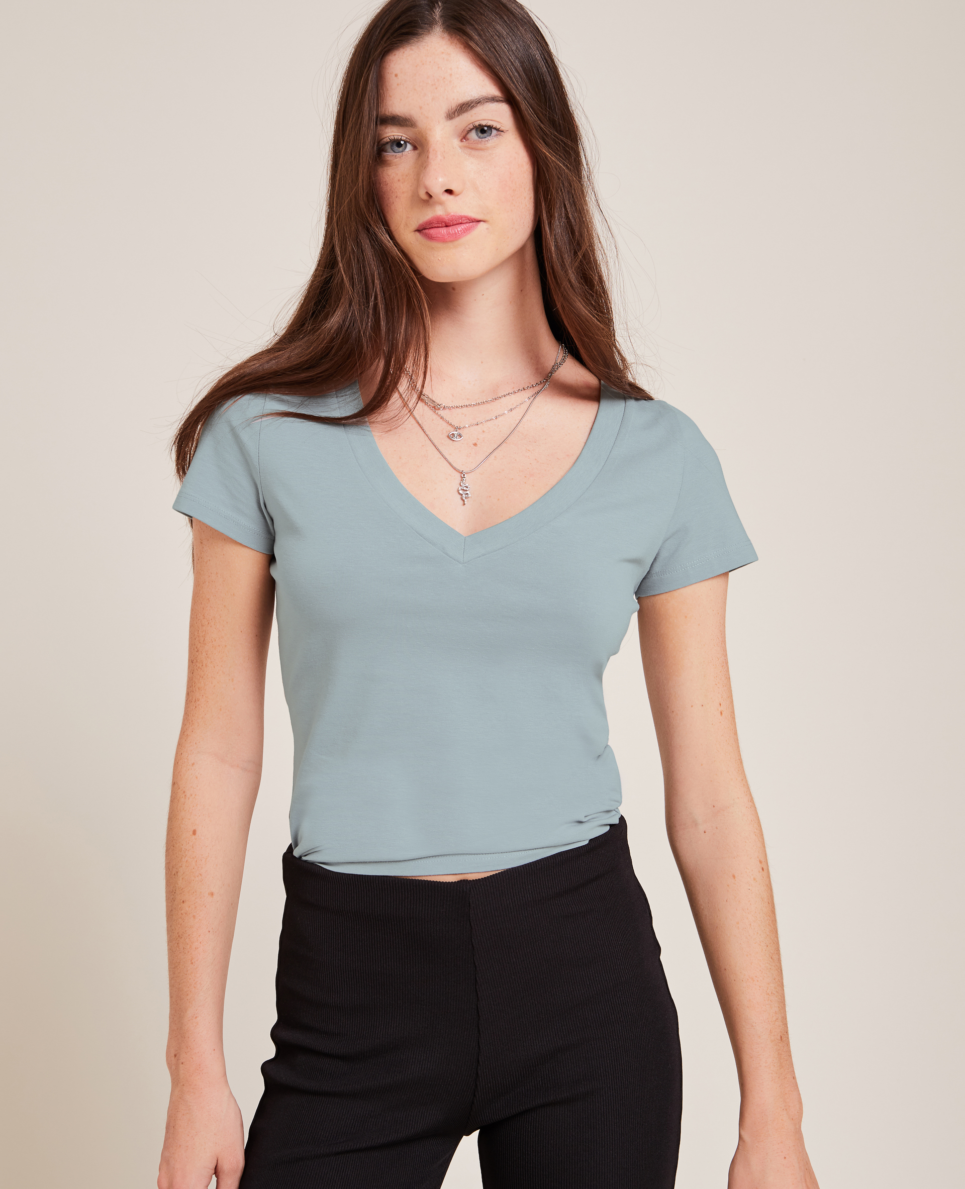 T-shirt col V gris - Pimkie