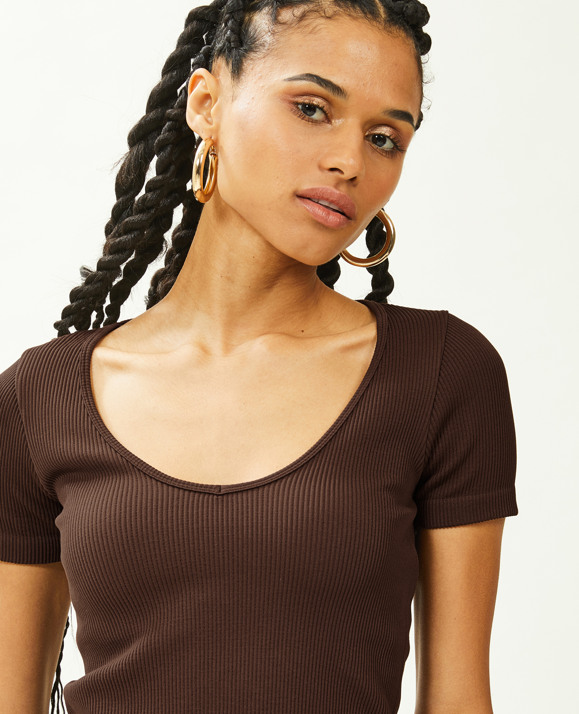 T-shirt cropped col V marron - Pimkie