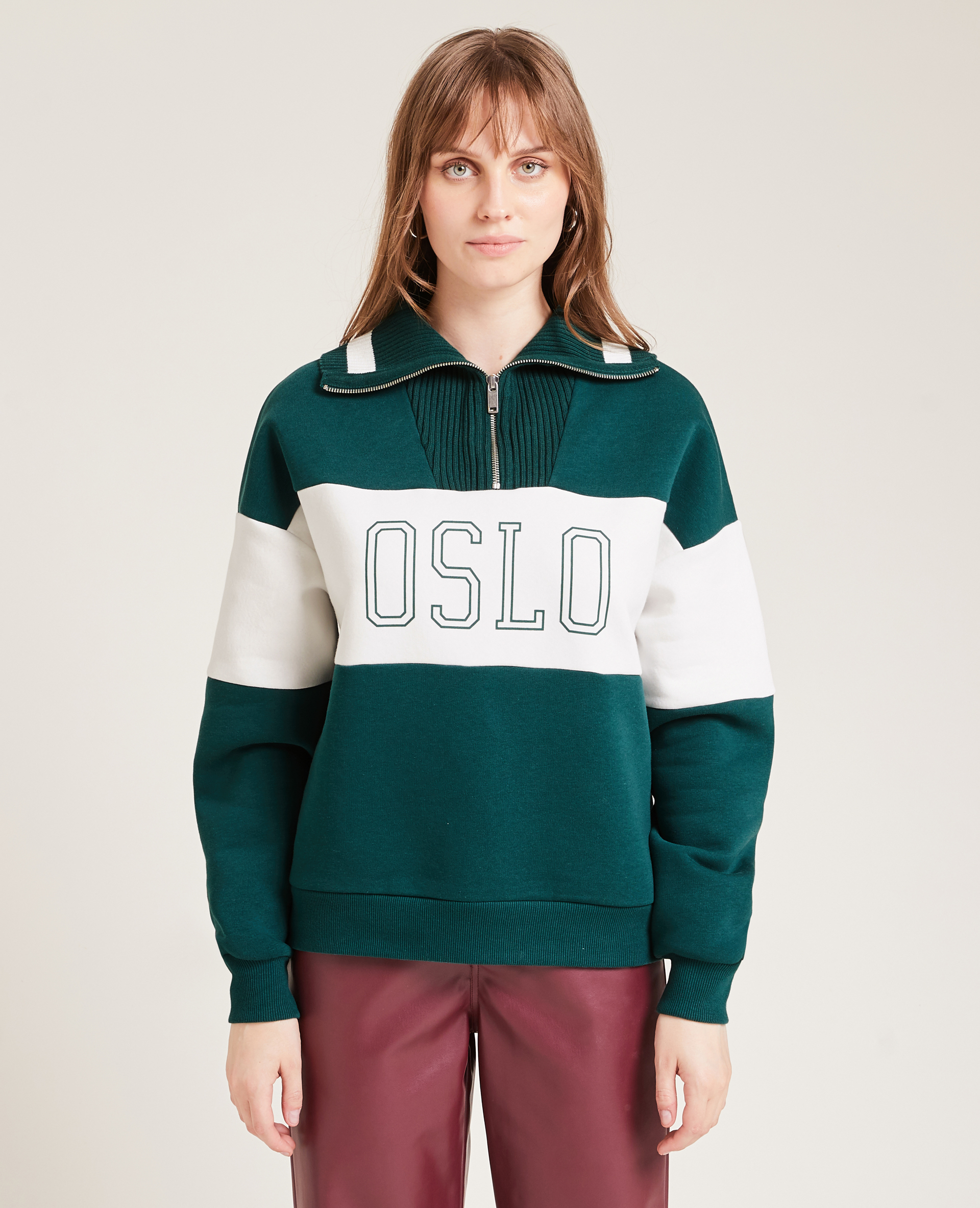 Sweat bi-matière col zippé vert - Pimkie