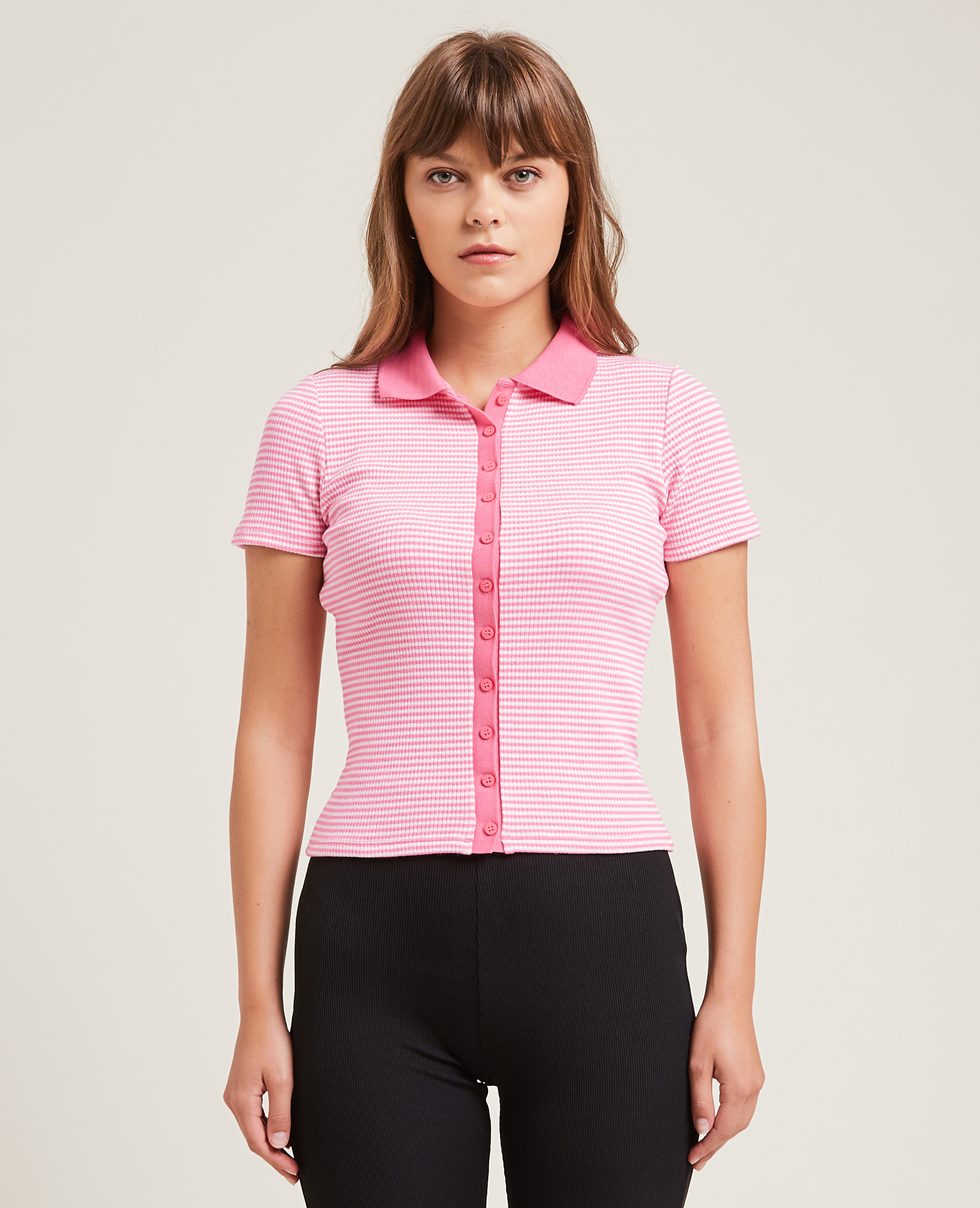 Polo rayé en maille côtelée rouge - Pimkie