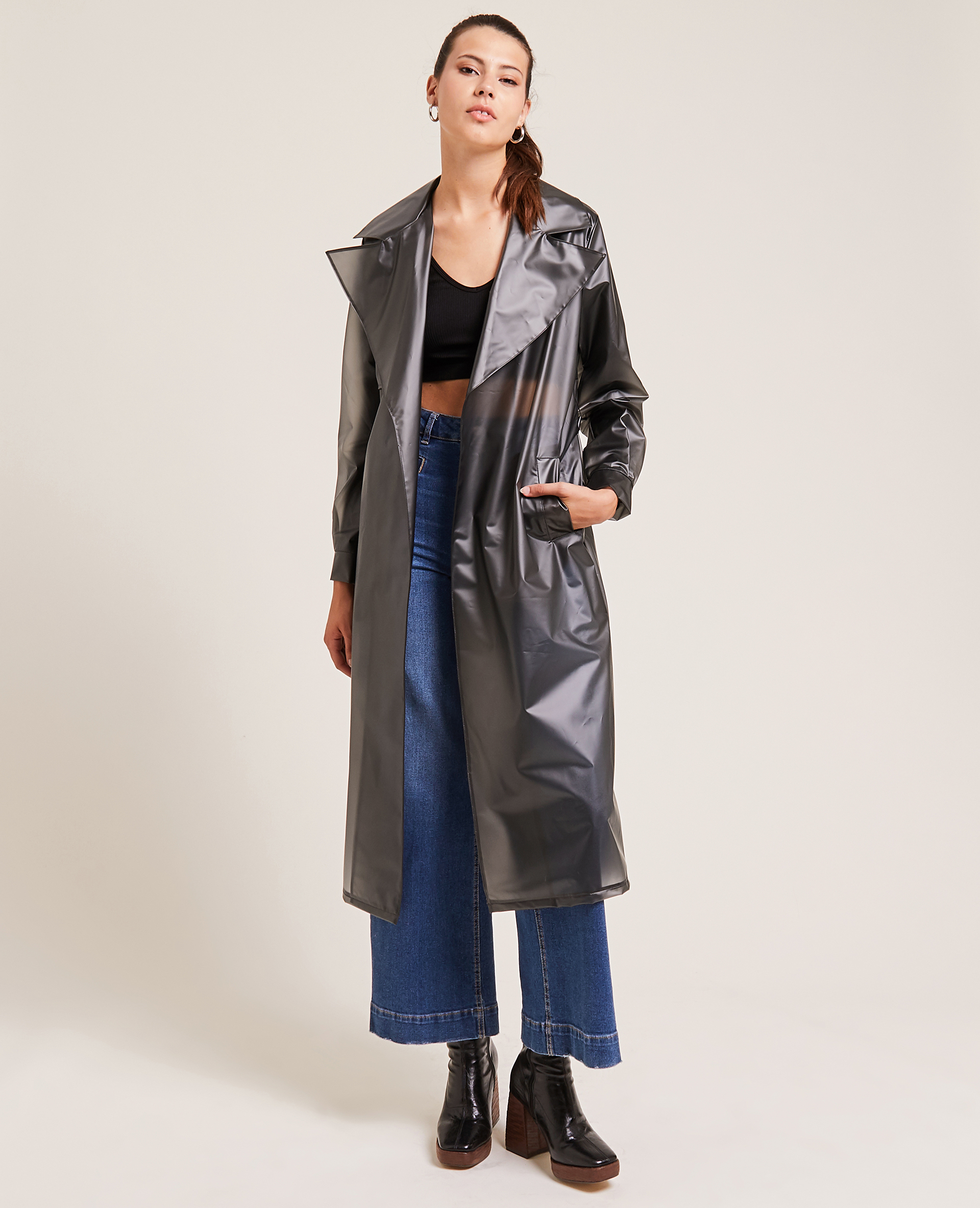 Trench long en plastique translucide noir - Pimkie