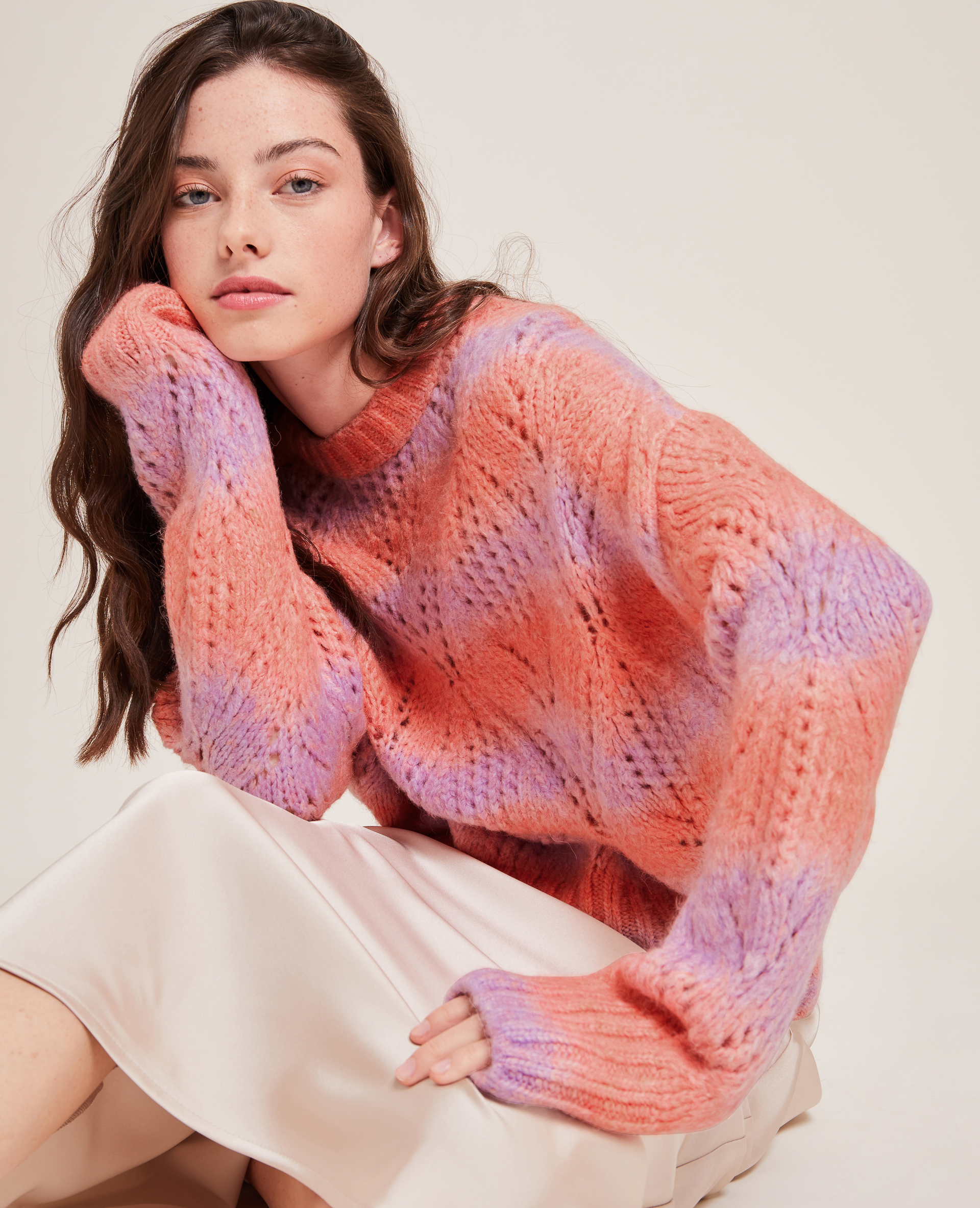 Pull bicolore maille ajourée rose fuchsia - Pimkie