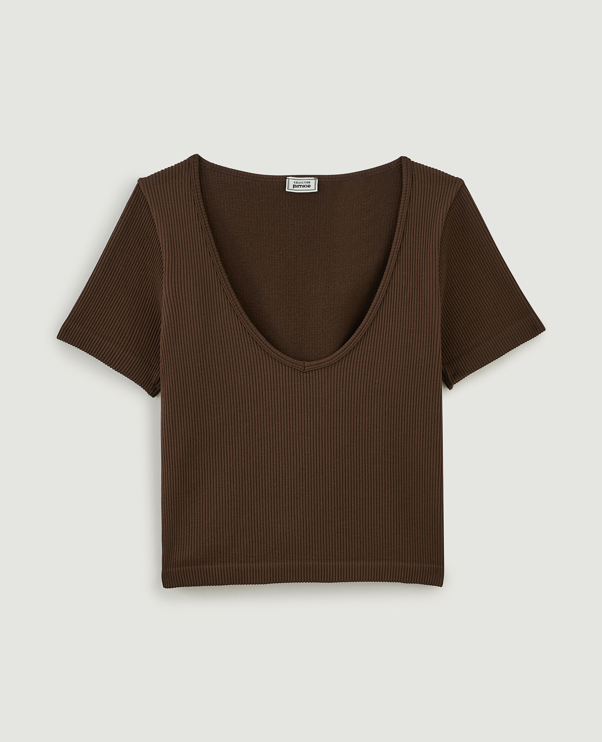 T-shirt cropped col V marron - Pimkie