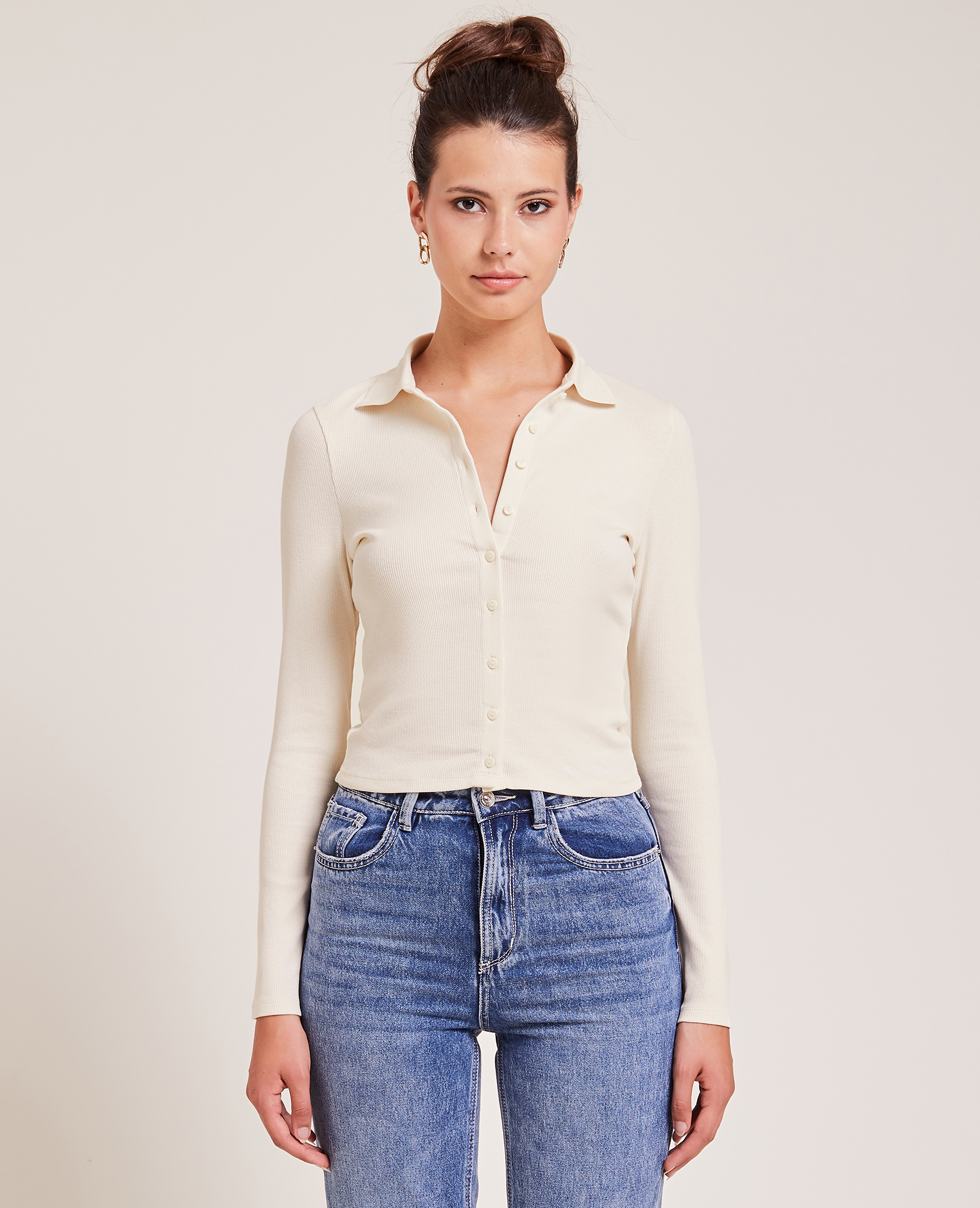 Top manches longues col polo blanc - Pimkie