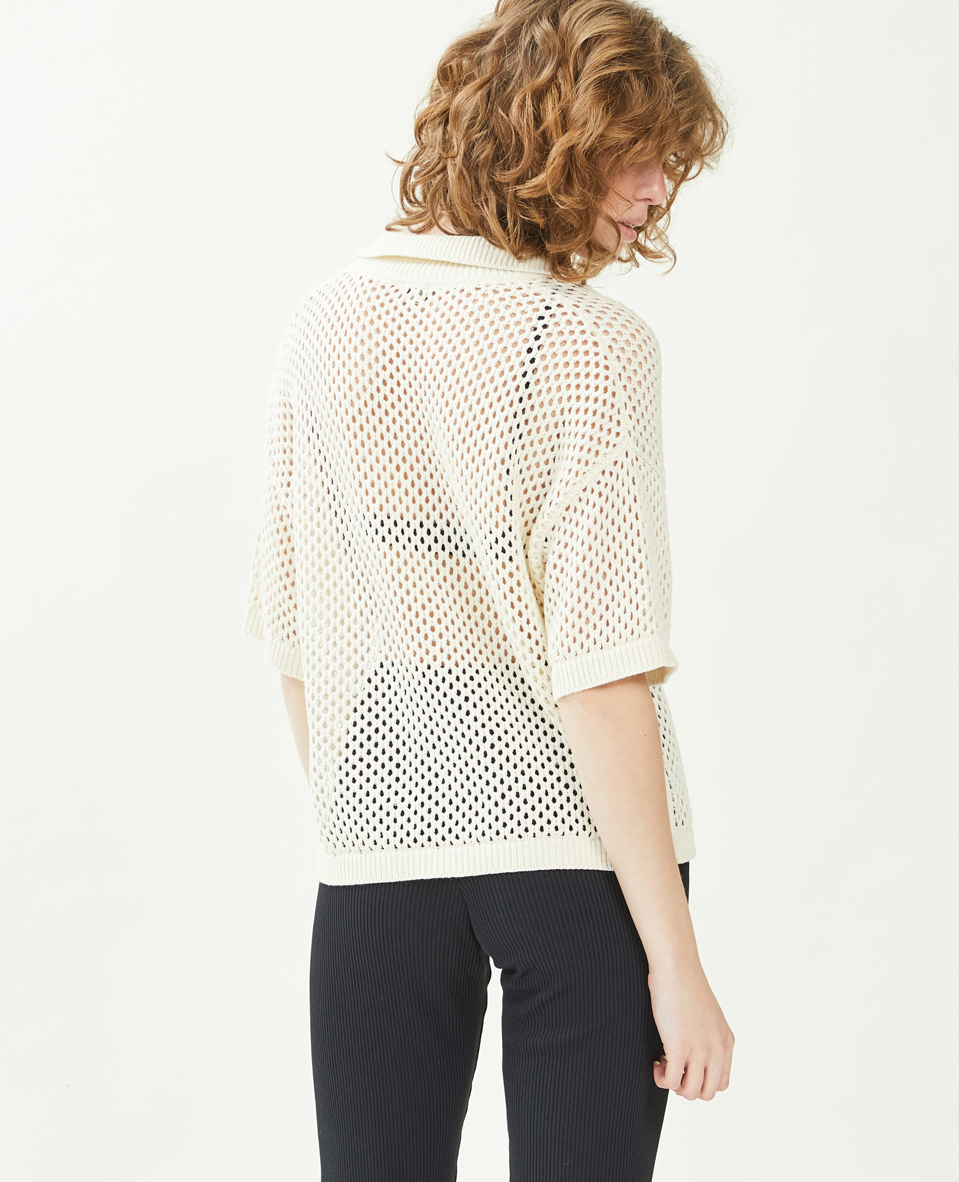 Top col polo maille ajourée beige - Pimkie