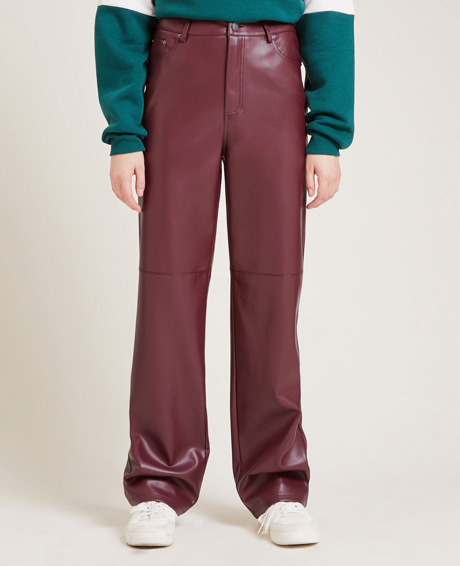 Pantalon droit en simili cuir bordeaux - Pimkie
