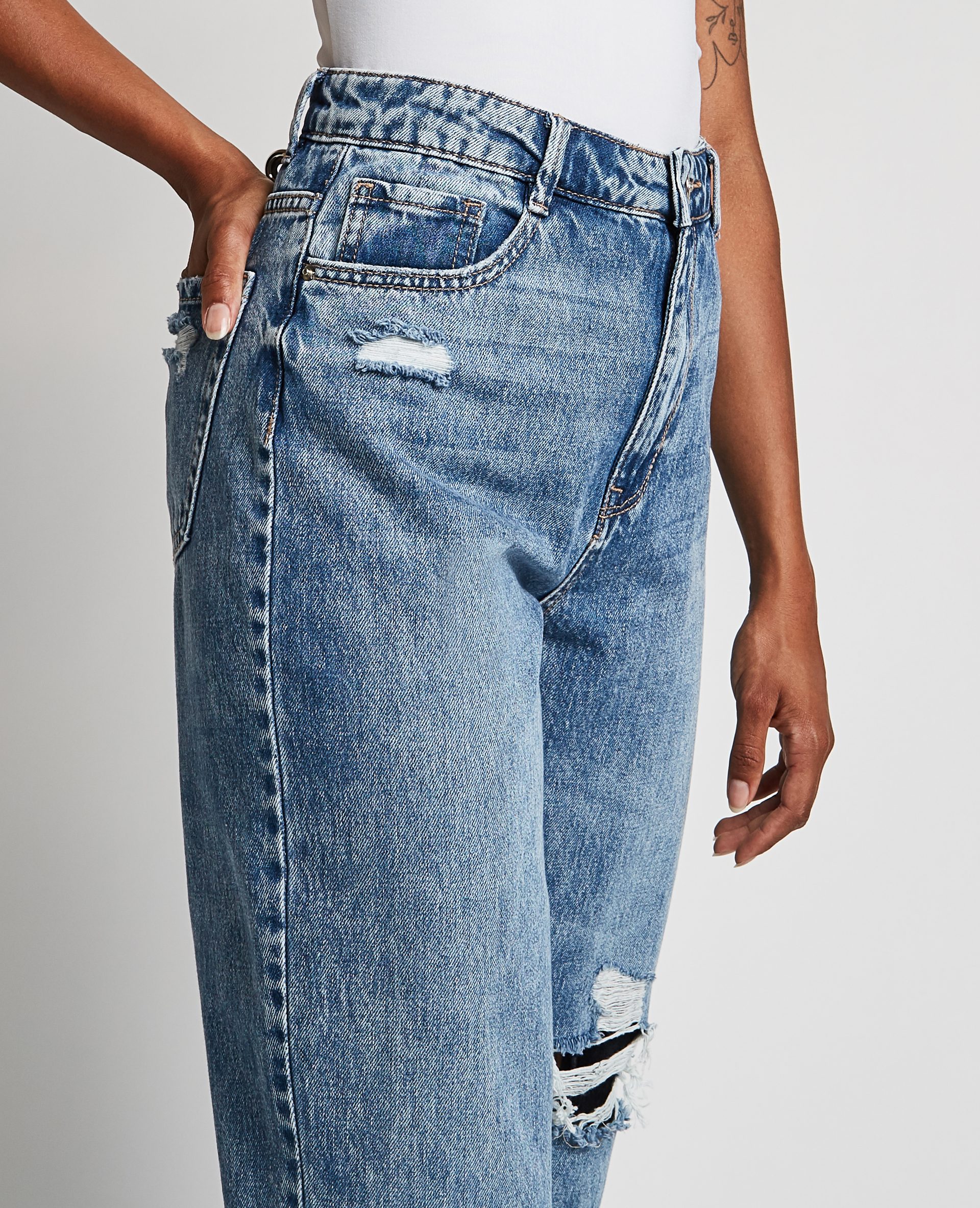 Jean mom trashé bleu denim - Pimkie