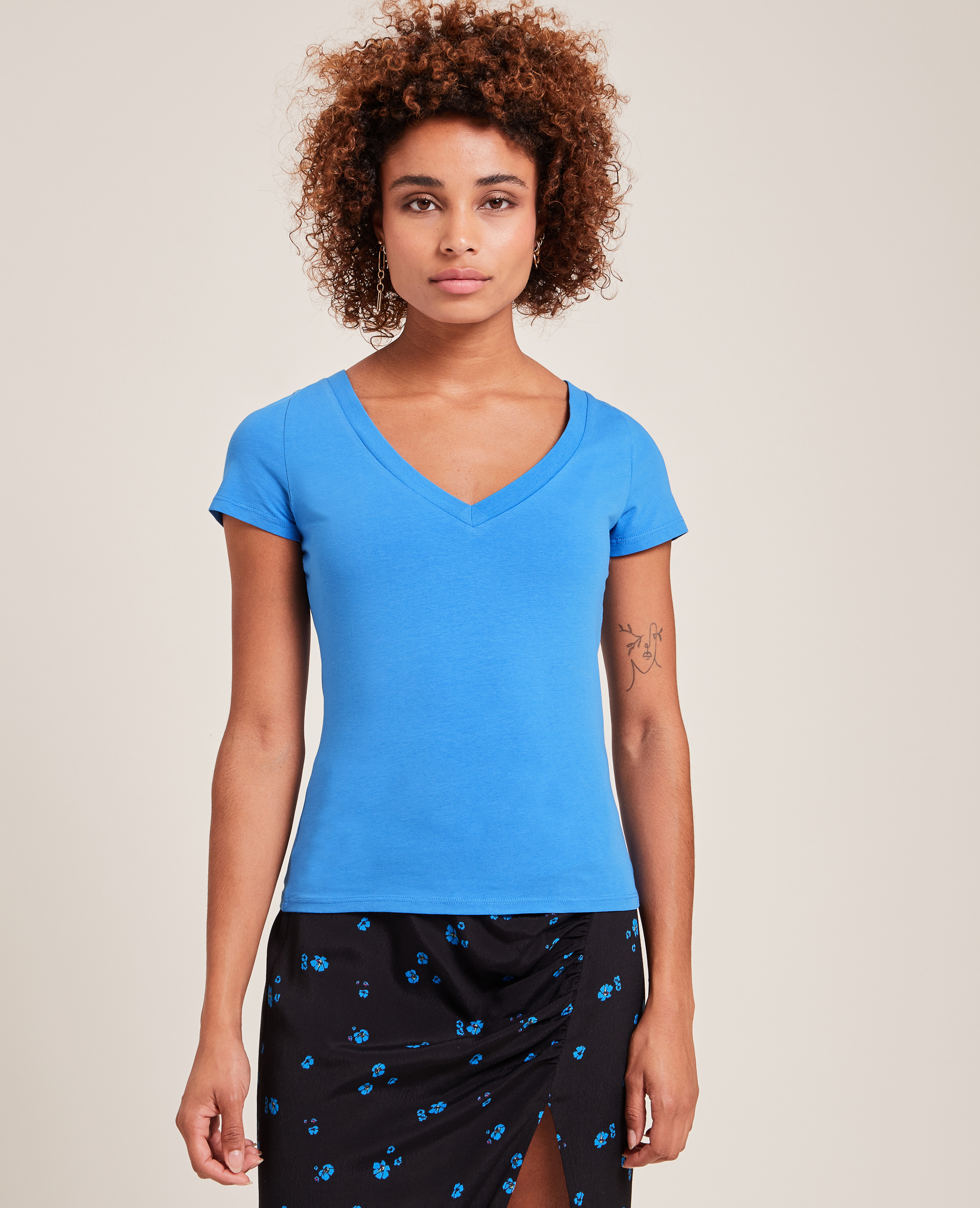 T-shirt col V bleu - Pimkie