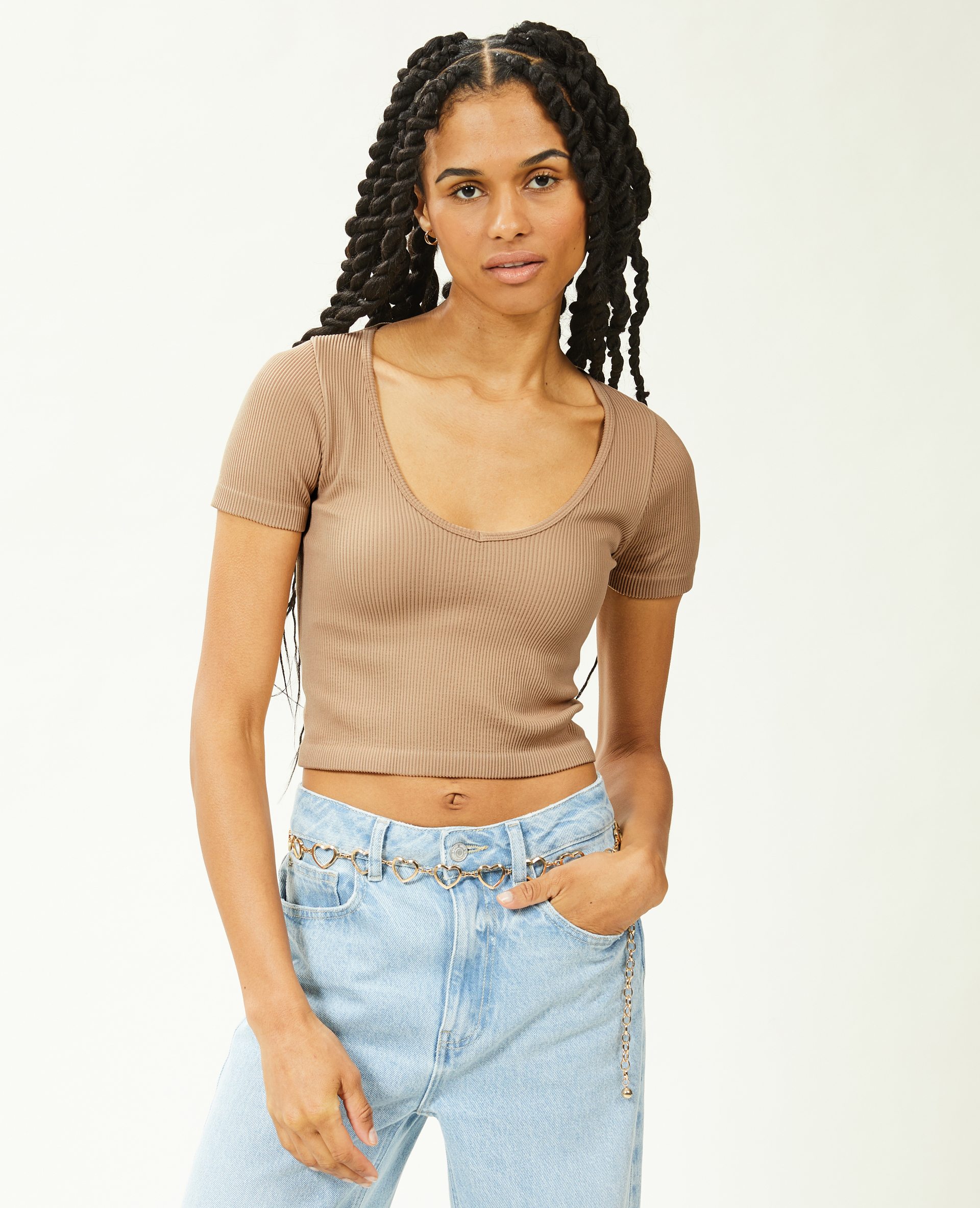 T-shirt cropped col V blanc - Pimkie